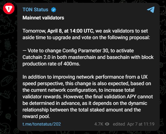 Nota sobre atualização da rede Toncoin, criptomoeda ligada ao Telegram. Fonte: TON Status/Telegram.