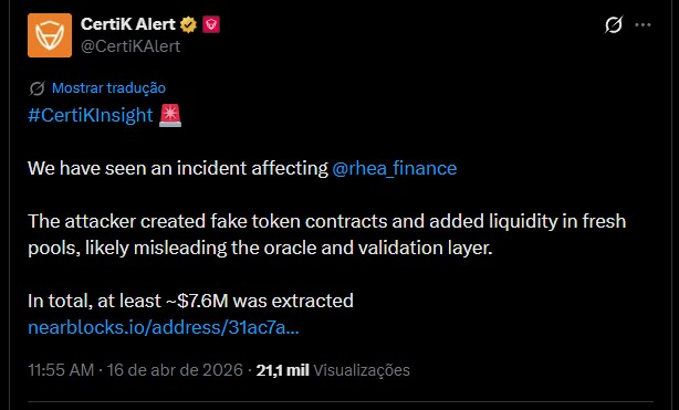 Alerta da Certik sobre hack da Rhea Finance, corretora descentralizada de criptomoedas. Fonte: X.