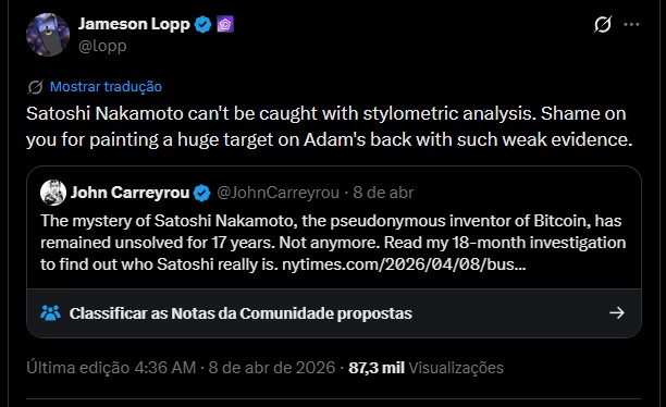 Desenvolvedor acredita que provas apresentadas pelo NYT sobre identidade de Satoshi Nakamoto são fracas. Fonte: X.