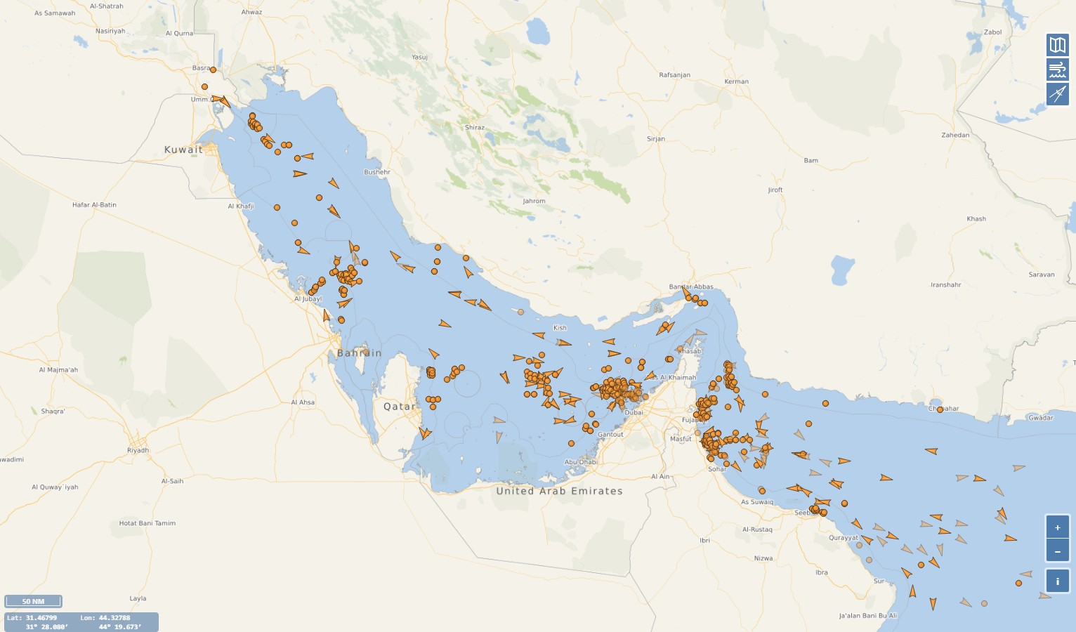 Mapa mostra movimentação de navios-tanque no Estreito de Ormuz. Fonte: Vessel Finder.