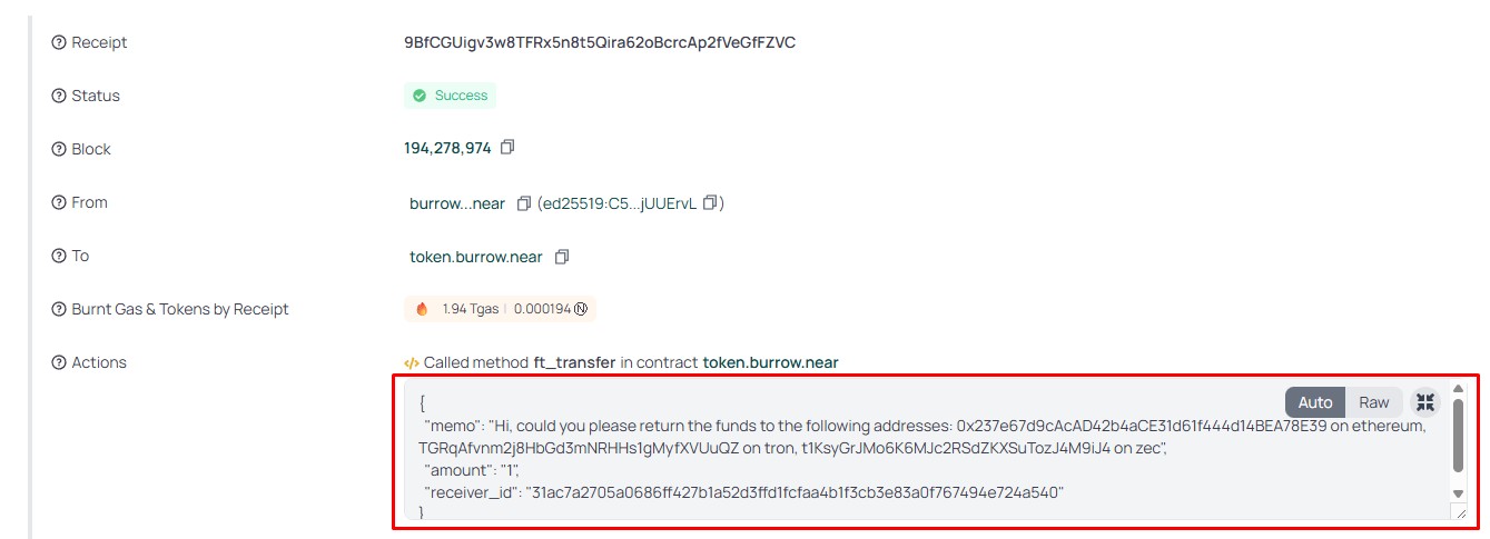 Mensagem da Rhea Protocol enviada aos seus hackers. Fonte: Nearblocks/Reprodução.
