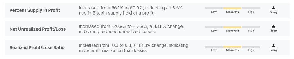 Relatório da Glassnode destaca que a recente alta do Bitcoin melhorou métricas ligadas a lucro e prejuízo. Fonte: Glassnode/Reprodução.