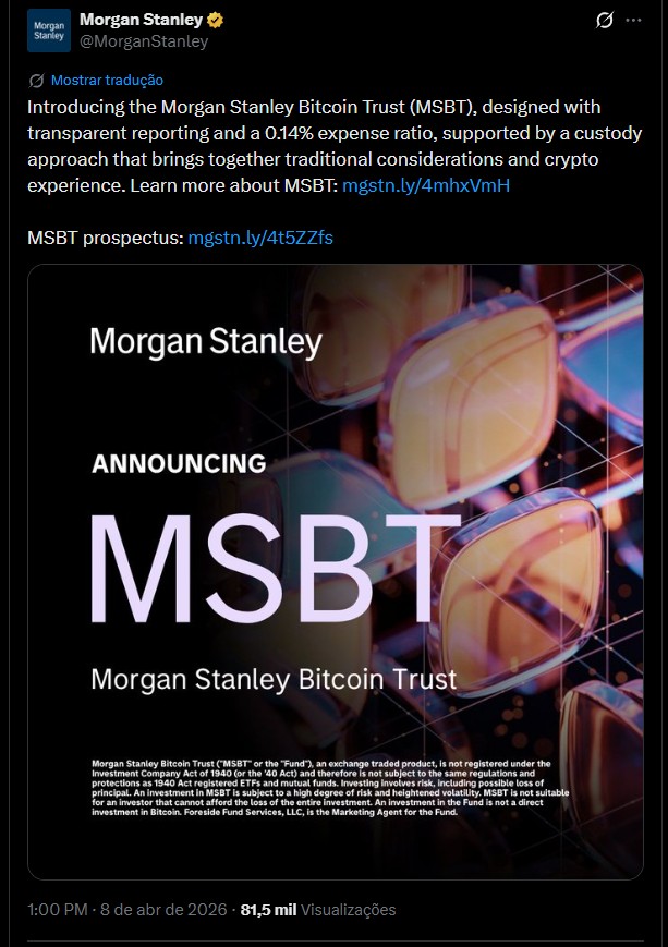 Anúncio da estreia do ETF de Bitcoin do Morgan Stanley foi feito nas redes sociais do banco americano. Fonte: X.