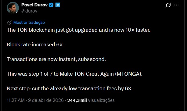 Pavel Durov, fundador do Telegram, sobre a atualização da Toncoin (TON). Fonte: X.