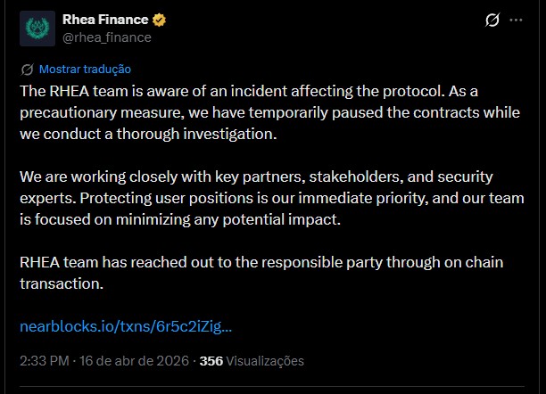 Desenvolvedores da Rhea Finance se pronunciam sobre ataque que levou US$ 7,6 milhões. Fonte: X.