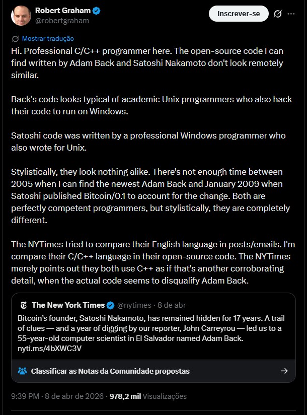 Enquanto a investigação do NYT comparou textos de Adam Back e Satoshi Nakamoto, o desenvolvedor olhou para as linhas de código dos dois desenvolvedores. Fonte: X.