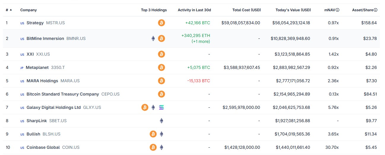 Bitmine é a segunda maior tesouraria de criptomoedas do mundo, mas tem foco na acumulação de Ethereum em vez de Bitcoin. Fonte: CoinGecko.