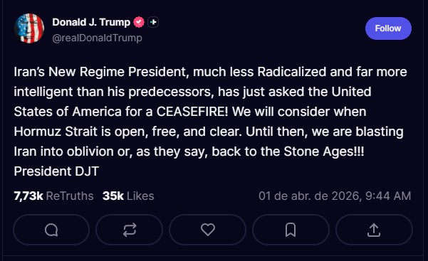 Trump afirma que Irã está disposto a encerrar conflito, mas pede reabertura do Estreito de Ormuz. Fonte: Truth Social.