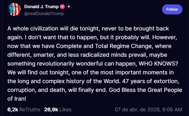 Trump promete dar continuidade à guerra com novos ataques. Fonte: Truth Social.