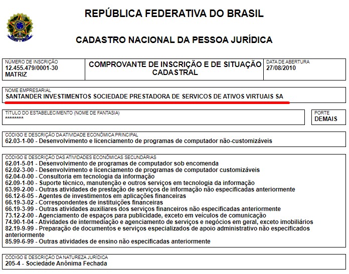 CNPJ ativo do Santander Corretora de criptomoedas perante a RFB