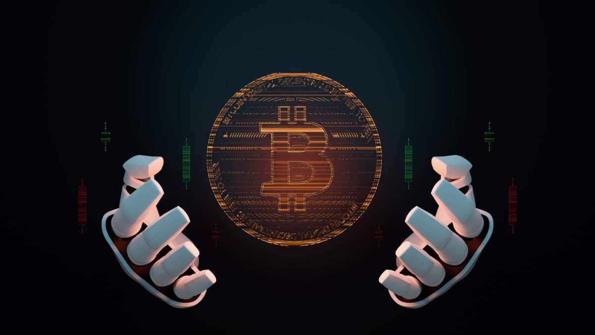 Mão robótica segurando bitcoin próximo de gráficos IA e criptomoedas impulsionam nova onda de ações coletivas contra empresas e executivos no exterior, aponta relatório