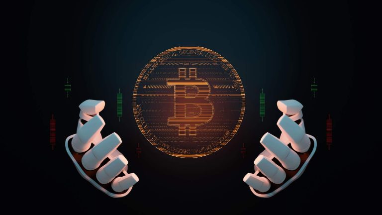 Mão robótica segurando bitcoin próximo de gráficos IA e criptomoedas impulsionam nova onda de ações coletivas contra empresas e executivos no exterior, aponta relatório