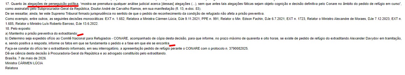 Ministra manteve prisão de russo foragido da Interpol e pediu informações ao CONARE