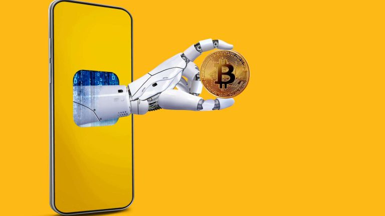Robô segurando bitcoin