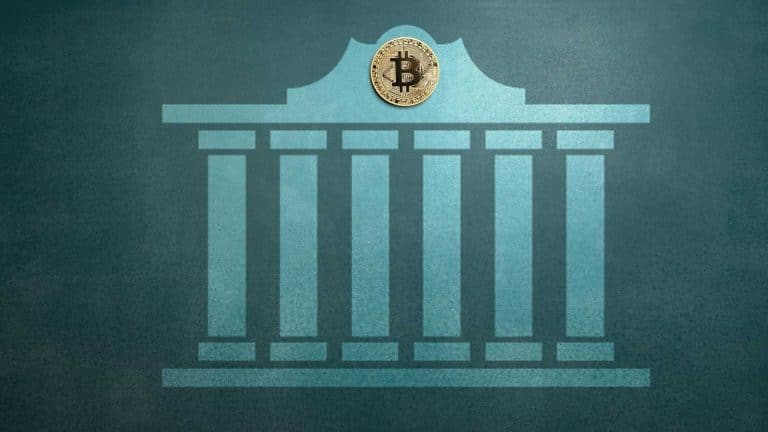 Símbolo de bancos e bitcoin em destaque