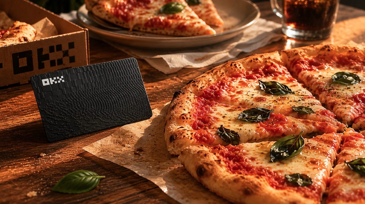 Cartão da OKX e pizzas