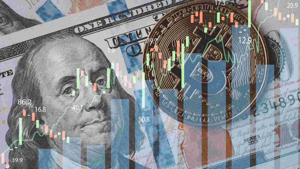 Gráfico de negociações com Dólar e bitcoin desbotado ao fundo