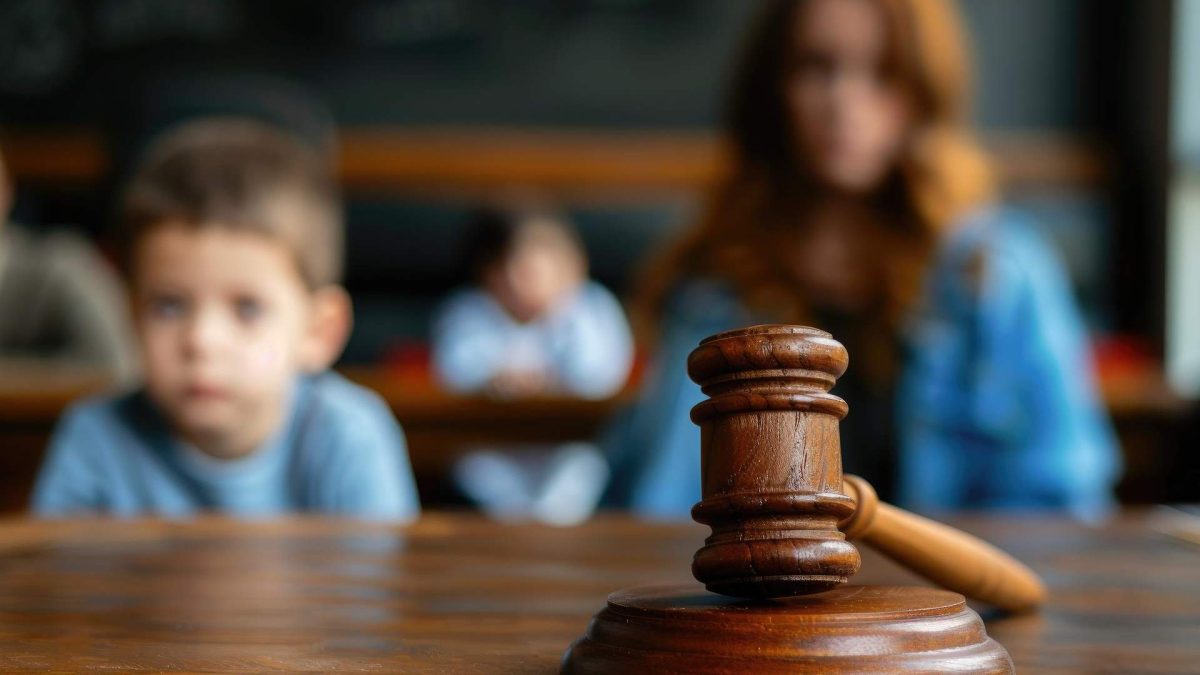 Martelo da justiça com mulher e criança nublada ao fundo STJ barra confisco de criptomoedas em processo sobre pensão alimentícia