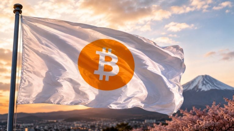 Bandeira do Japão com logo do Bitcoin