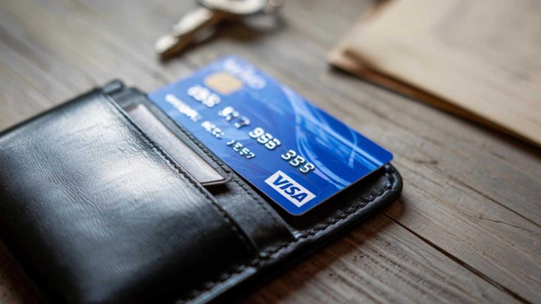 Cartão Visa em carteira preta com fundo ofuscado Visa lança plataforma para emissão e gestão de stablecoins
