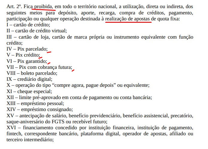 Proibição de apostas com Pix em várias modalidades, como crédito, agendado e mais