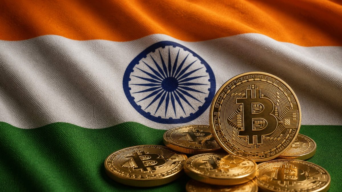 Bandeira da Índia e moedas de Bitcoin. Imagem: ChatGPT.