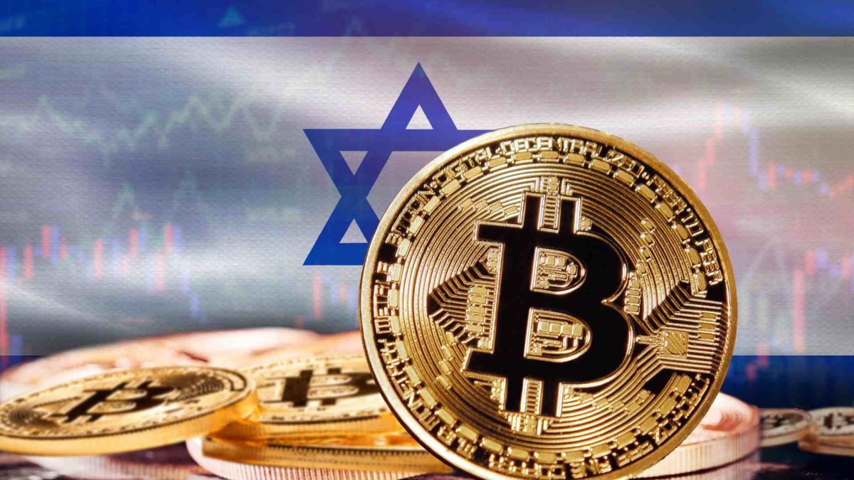 Bitcoin com gráficos e bandeira de Israel ao fundo