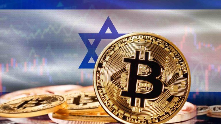 Bitcoin com gráficos e bandeira de Israel ao fundo