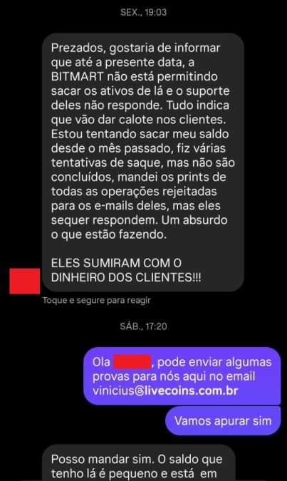 Cliente da Bitmart brasileiro não consegue sacar valores e reclama