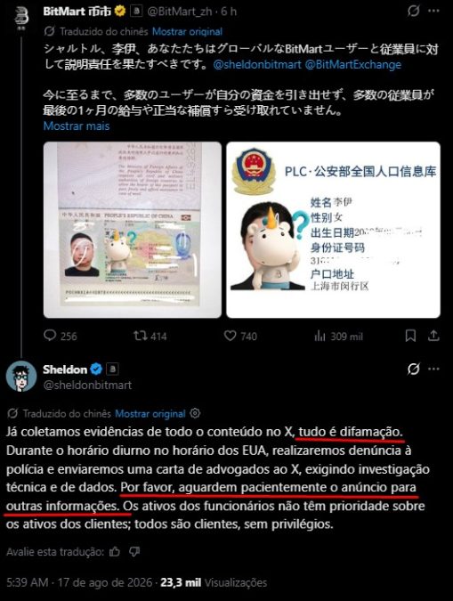 Fundador da Bitmart diz que perfil chinês foi hackeado, chamou relato de difamação e pede paciência a investidores com saldo preso há um mês