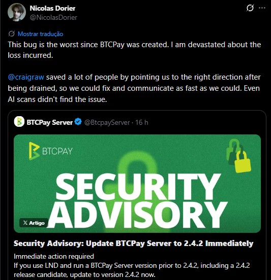 Fundador do BTCPay Server se diz devastado contra ataque que roubou comunidade bitcoin