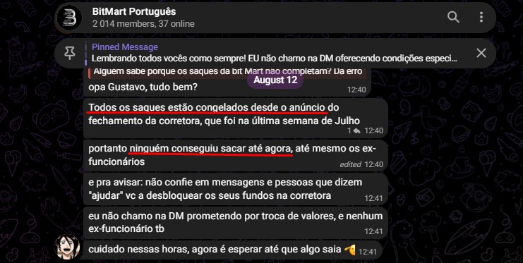 Moderador de grupo da Bitmart em português alerta que ninguém conseguiu sacar valores desde o anúncio do fim da empresa