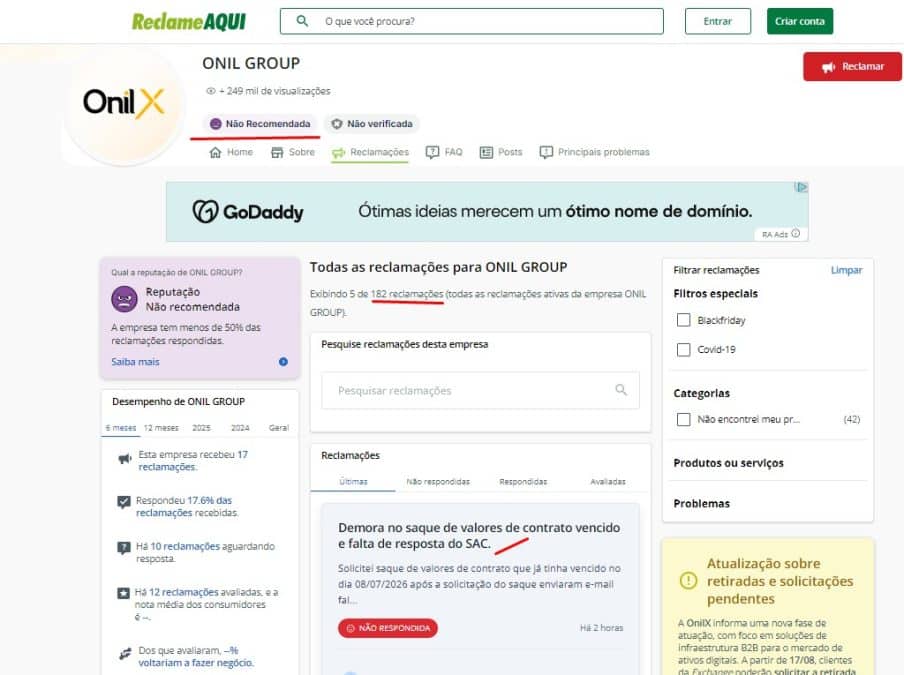 Reclame Aqui da OnilX tem vários relatos de saques atrasados