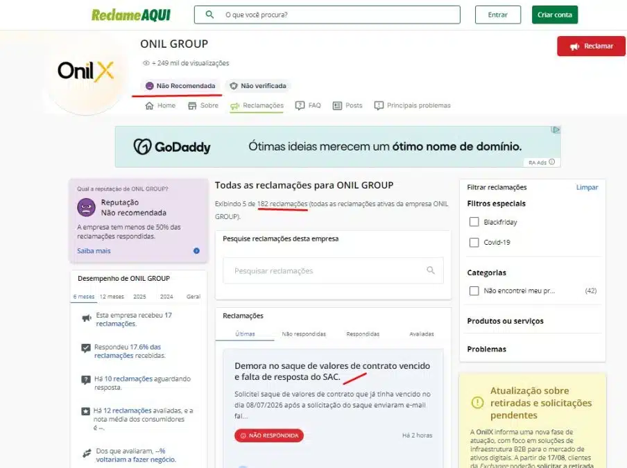 Reclame Aqui da OnilX tem vários relatos de saques atrasados