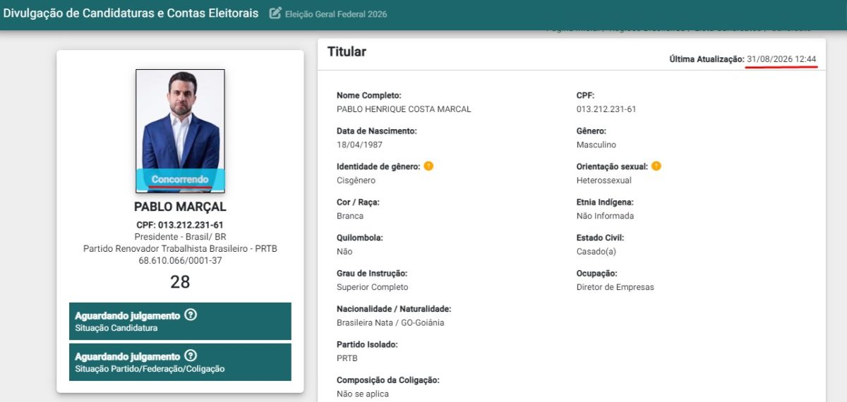 Divulga Contas do TSE ainda aponta Marçal como concorrendo
