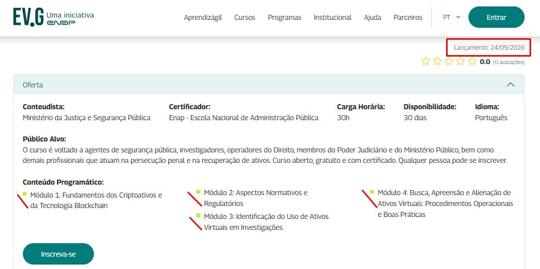ENAP lança curso do Ministério da Justiça e Segurança Pública sobre rastreio de bitcoin e criptomoedas