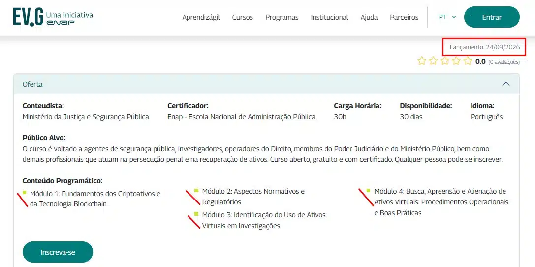 ENAP lança curso do Ministério da Justiça e Segurança Pública sobre rastreio de bitcoin e criptomoedas