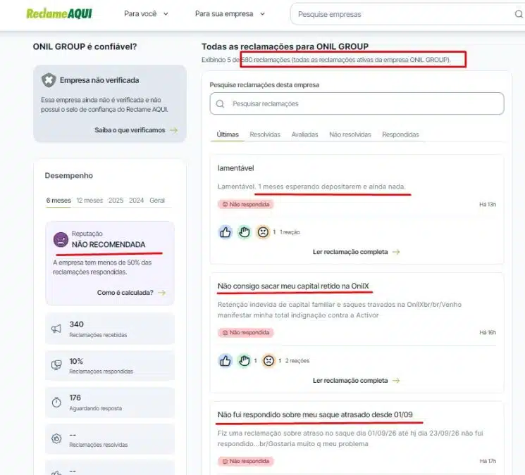 Reclame Aqui aponta quase 600 reclamações contra OnilX de clientes pedindo saque de valores retidos