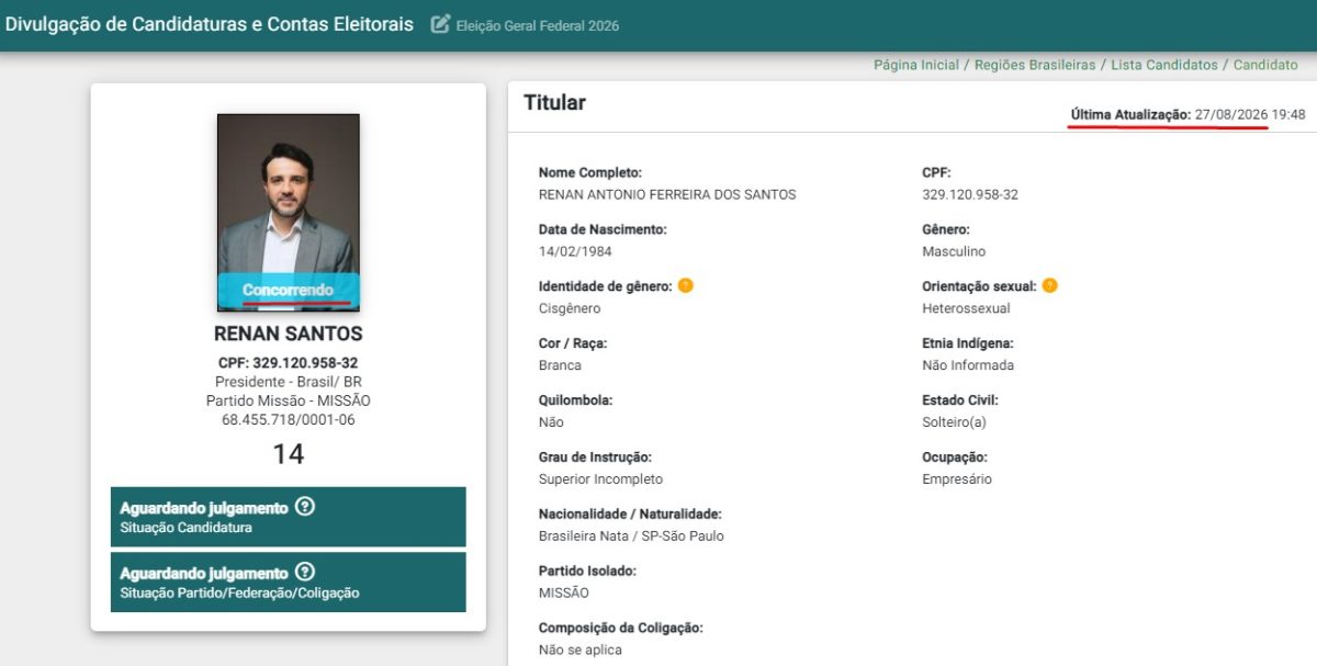 Renan Santos também continua com perfil de Concorrendo no sistema do próprio TSE