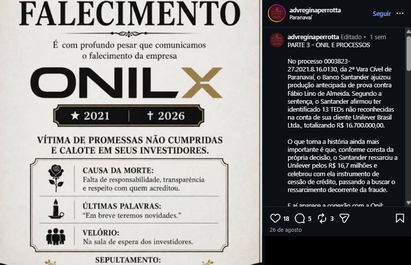 Sepultamento da OnilX vira brincadeira entre investidores que acompanham o caso do fim da empresa