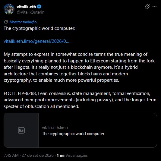 Vitalik Buterin publicou novidades no X no domingo 27