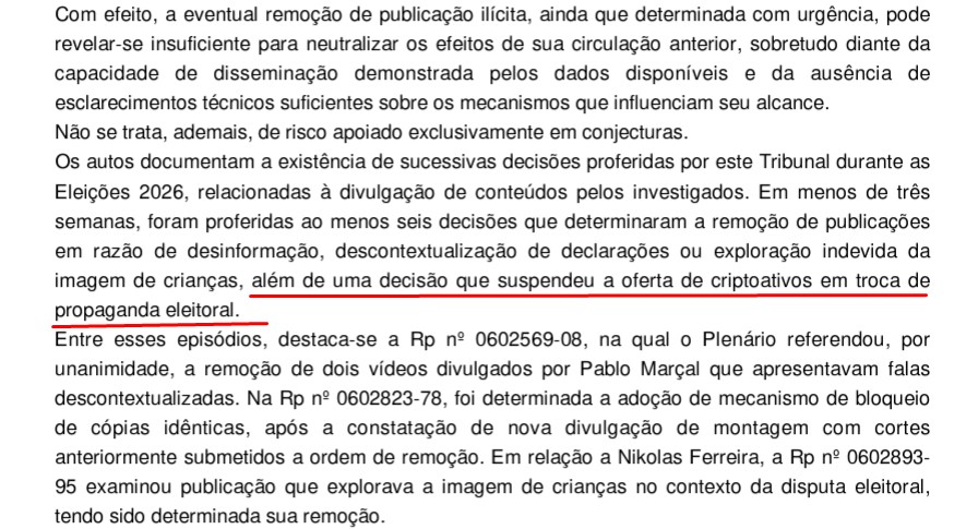 Decisão do TSE cita oferta de criptomoedas para eleitores em 2026, em ação movida pela coligação do PT