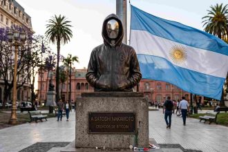 Estátua fictícia de Satoshi Nakamoto com bandeira da Argentina ao fundo