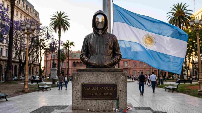 Estátua fictícia de Satoshi Nakamoto com bandeira da Argentina ao fundo