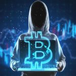 Hacker com tela de bitcoin em holograma