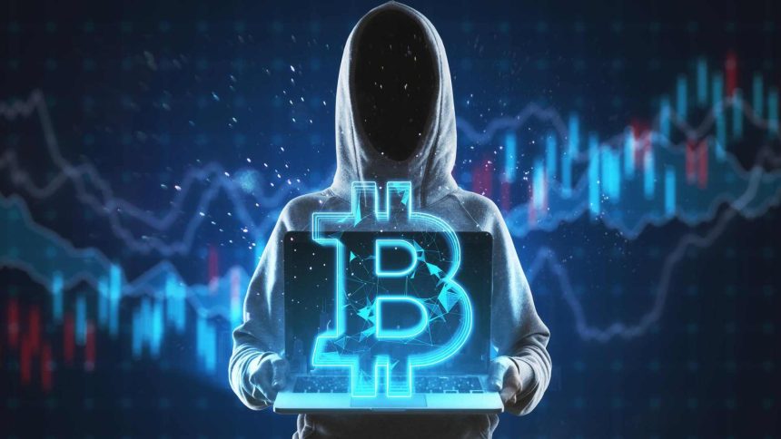 Hacker com tela de bitcoin em holograma