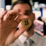 Homem analisando bitcoin com gráficos ao fundo