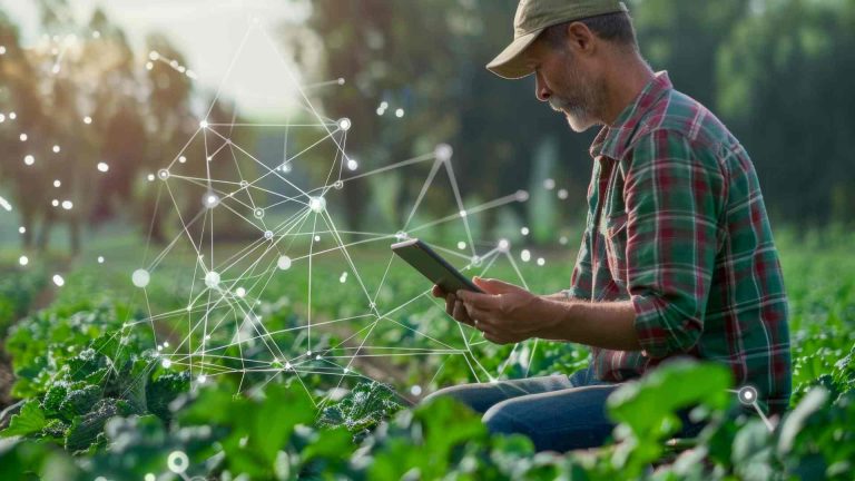 Homem em lavoura com sistema digital em foco Ministério da Agricultura regulamenta uso da tecnologia blockchain para rastrear safras de grãos