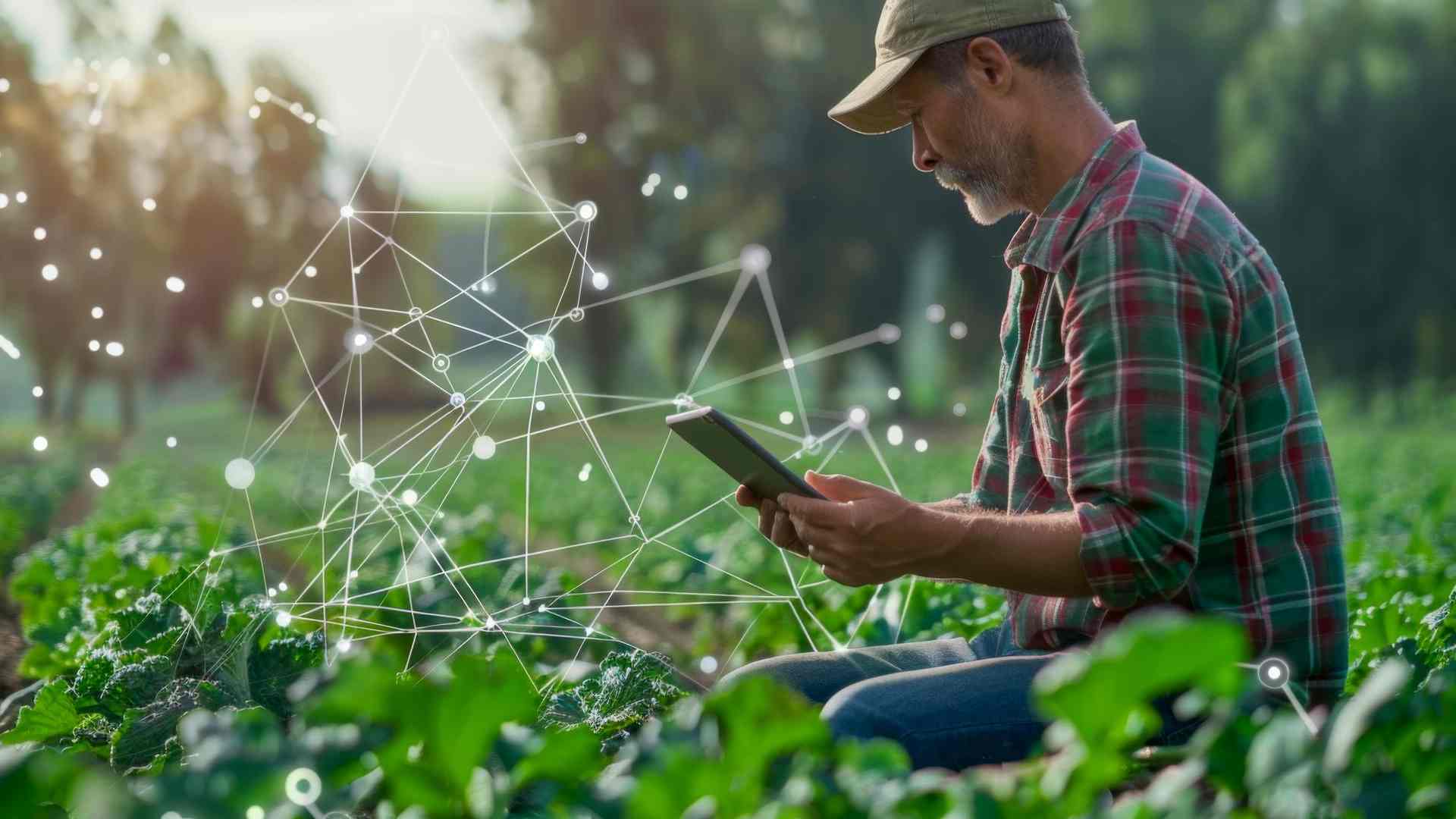 Homem em lavoura com sistema digital em foco Ministério da Agricultura regulamenta uso da tecnologia blockchain para rastrear safras de grãos