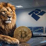 Leão ao lado de Bitcoin com símbolo da Receita Federal do Brasil ao fundo